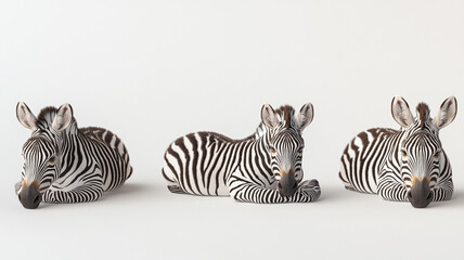 Fototapeta premium Three zebras lying down in relaxed position on a white minimalist background.