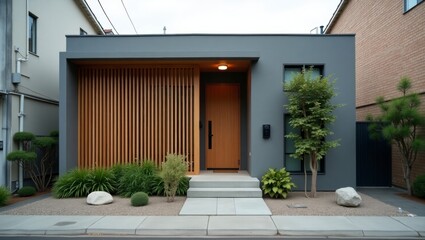 Fototapeta premium A contemporary modern house featuring a beautifully crafted wooden door set against a stylish urban backdrop