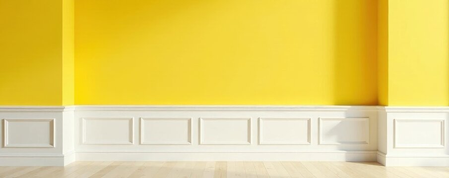Bold white dado rail separating yellow & white walls , classic, interior wall