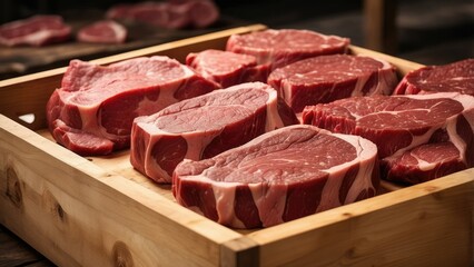 A wooden tray filled with various cuts of fresh meat,