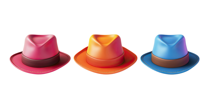A vibrant collection of colorful hats in pink, orange, and blue, perfect for enhancing any creative design project.
