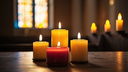 A row of lit candles in varying sizes is placed in front of a blurred background