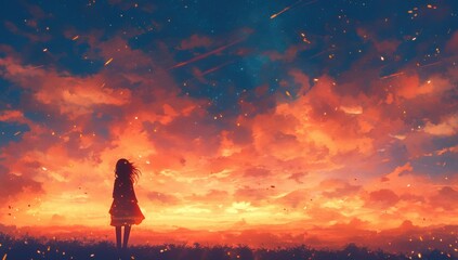 Fototapeta premium Girl with Brown Hair Gazing at a Colorful Sunset in the Distance Surrounded by Vibrant Clouds and Stars in an Artful Landscape Scene
