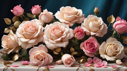 "Watercolor Roses and Leaves: Digital Rendering