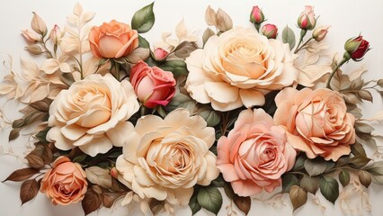 "Watercolor Roses and Leaves: Digital Rendering