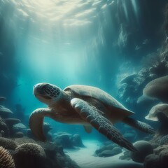Fototapeta premium Turtle swimming underwater slow motion Ancient peaceful aquatic