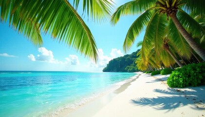 Obraz premium Lush palm trees fringe pristine white sand beach, turquoise water sparkles , holiday, landscape, palm