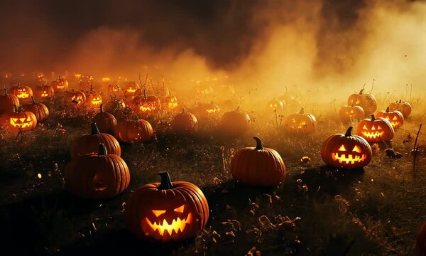 background of a pumpkin patch at night, with carved jack-o'-lanterns glowing softly, surrounded by fog and shadows