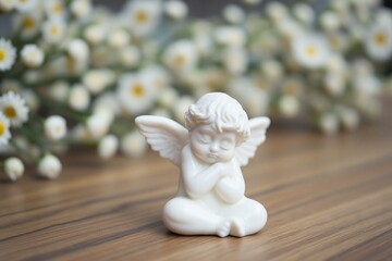 small statue of an angel sitting on a wooden table