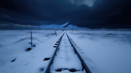 Obraz premium Frozen railway track leading to a snow-capped mountain under a dramatic twilight sky