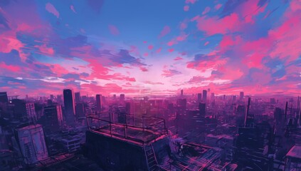 Fototapeta premium Girl Standing on the Rooftop of an Abandoned Building with a Stunning Sunset Over a City Skyline in Vibrant Colors