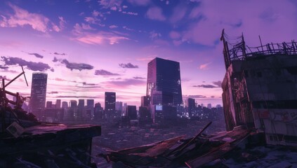 Girl Standing on the Roof of an Abandoned Building Overlooking a City During a Colorful Sunset in a Post-Apocalyptic Landscape