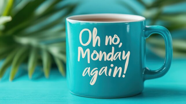 Bright turquoise coffee mug with humorous text saying "Oh no, Monday again!" placed on a vibrant blue table with green tropical leaves in the background