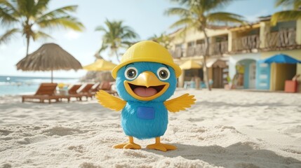 Cheerful blue bird character with construction hat on sandy beach symbolizing carefree summer vibes and tropical fun in paradise landscape adventure