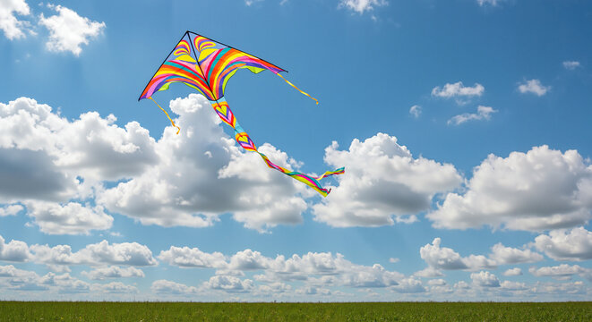 Colorful Diamond Kite Soaring Freely Against Vibrant Blue Summer Sky with Clouds