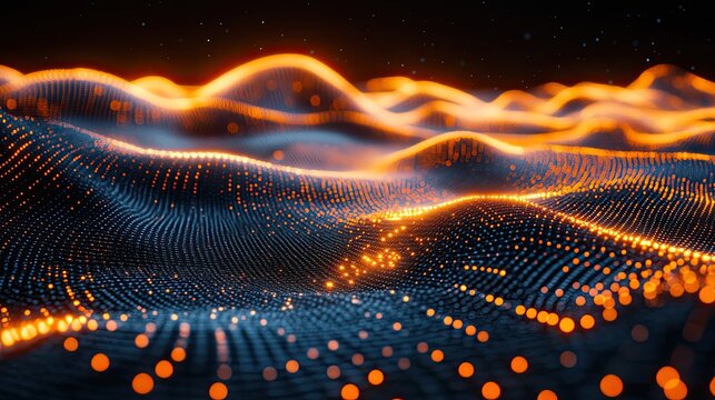 Scientific technology data transmission of binary code and network connectivity, represented with glowing digital binary code matrix.