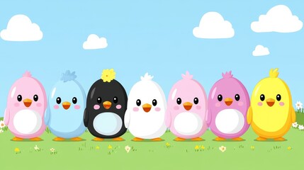 Obraz premium Pixelated chick parade delightful springtime animation featuring pastel colored birds in a grassy meadow beneath a sunny sky pixel art