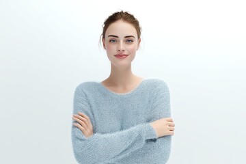 3D Avatar Icon of a Woman in a Blue Sweater with a Soft Smile, Isolated on White Background