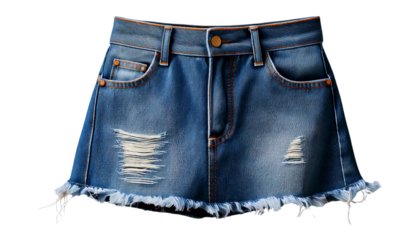 A Denim Mini Skirt with Frayed Edges Isolated on solid white Background