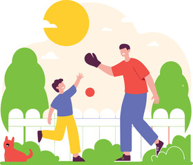 Father and Son Playing Catch in the Park with Dog — Family Outdoor Activity Illustration