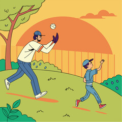 Father and Son Playing Catch in the Park with Dog — Family Outdoor Activity Illustration