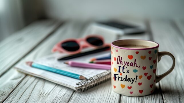 Heart-patterned coffee mug with Friday quote on a wooden desk surrounded by stationery and sunglasses