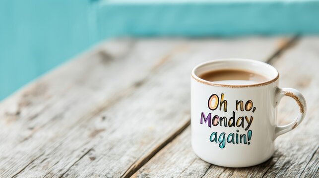 Coffee mug with funny monday quote placed on rustic wooden table with a turquoise background