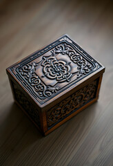 wooden box sitting on top of a wooden table