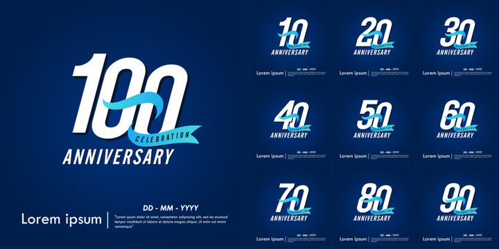 Set of 10-90th years anniversary celebration emblem. elegant anniversary logo isolated with blue ribbon on dark blue background. vector illustration template design for web, flyers, poster, greeting