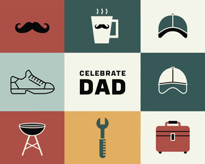 Celebrate Dad Vector Illustration | Father’s Day Icons Pack | Retro Flat Design for Dad Gifts & Cards