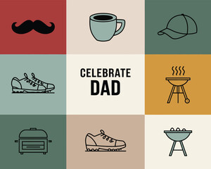 Celebrate Dad Vector Illustration | Father’s Day Icons Pack | Retro Flat Design for Dad Gifts & Cards