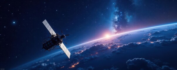Internet signal radiating from satellite amidst starry night sky, celestial, space