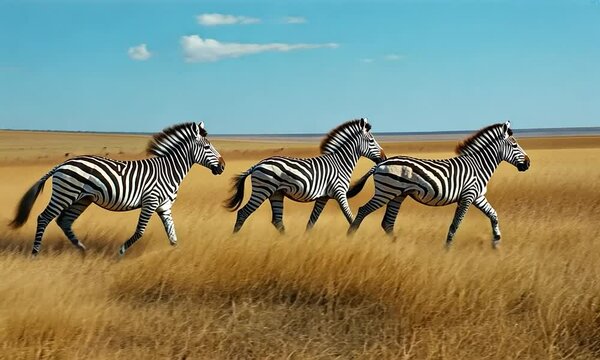Three zebras running across a golden grassland under a clear blue sky in the savannah
