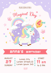 unicorn magical birthday party, cute fabulous animal, rainbow, stars, greeting, template, vertical vector illustration