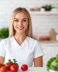 Nutrition Counseling Concept, Smiling woman in a kitchen with fresh tomatoes and greens.