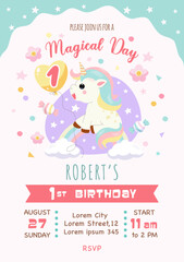 Unicorn first magical  birthday party invitation for boy, template, vertical vector illustration
