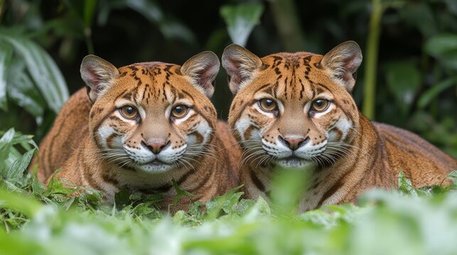 Exotic wildlife encounter featuring a pair of Margays nestled within verdant foliage evoking nature's embrace and wild feline elegance, showcasing captivating beauty