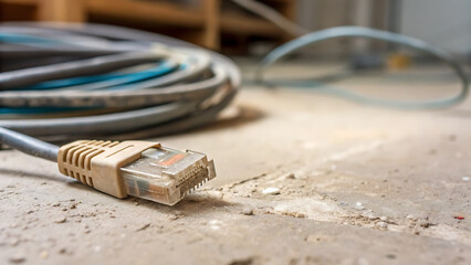 Digital Divide Inequality close up of old, worn out wired internet connection on floor