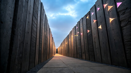 Digital Divide Inequality modern architectural pathway with illuminated walls and colorful accents