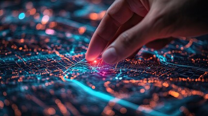 Digital concept of a hand setting a location on a map with AI GPS, symbolizing the future of navigation, logistics, and transportation, driven by innovative digital technology.