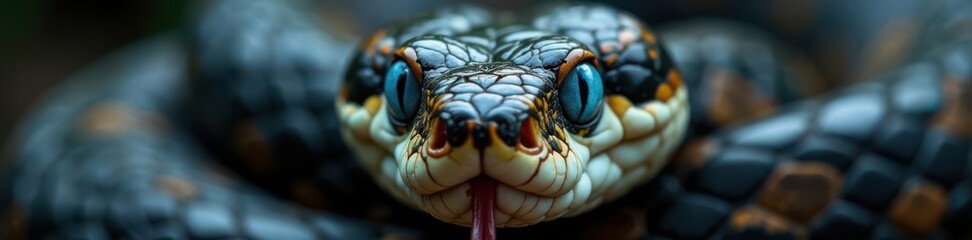 Fototapeta premium Snake's face close-up with piercing blue eyes and forked tongue exposed, forest, eyes
