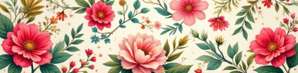 Intricate floral pattern with gold accents and colorful blooms on a muted background, patterns, luxury