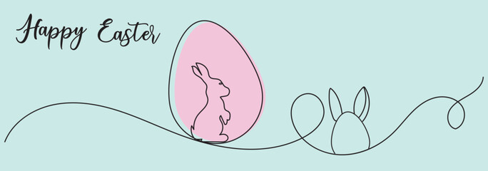 Happy Easter handwritten lettering line design colorful Easter bunny eggs grass white greeting card. Suitable for horizontal posters or website headers. Liner egg. Eps 10