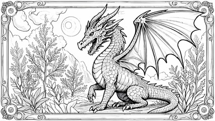 Intricate black and white illustration of a majestic dragon in a fantasy forest frame, perfect for coloring pages or fantasy art lovers.