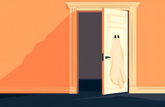 an open door with two ghosts peeking out, orange background