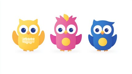 Fototapeta premium Whimsical pixelated owls in bright cheerful colors perfect for children's illustrations and playful designs adding a touch of fun and innocence
