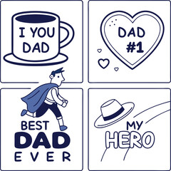 Father's Day Cartoon Illustration Set – Superhero Dad, Best Dad Ever, My Hero Quotes & Heart Designs
