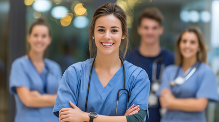 Group of healthcare professionals smiling confidently in a modern clinic setting