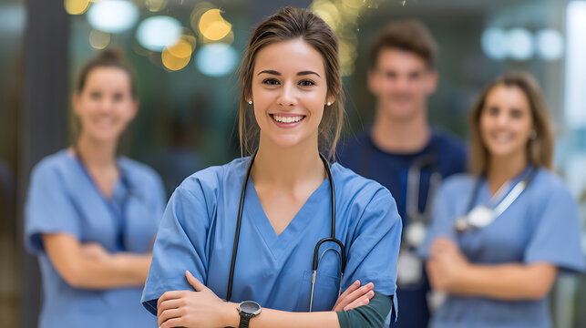 Group of healthcare professionals smiling confidently in a modern clinic setting