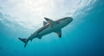 Fototapeta premium Shark Swimming in Ocean with Sunlight Underwater View
